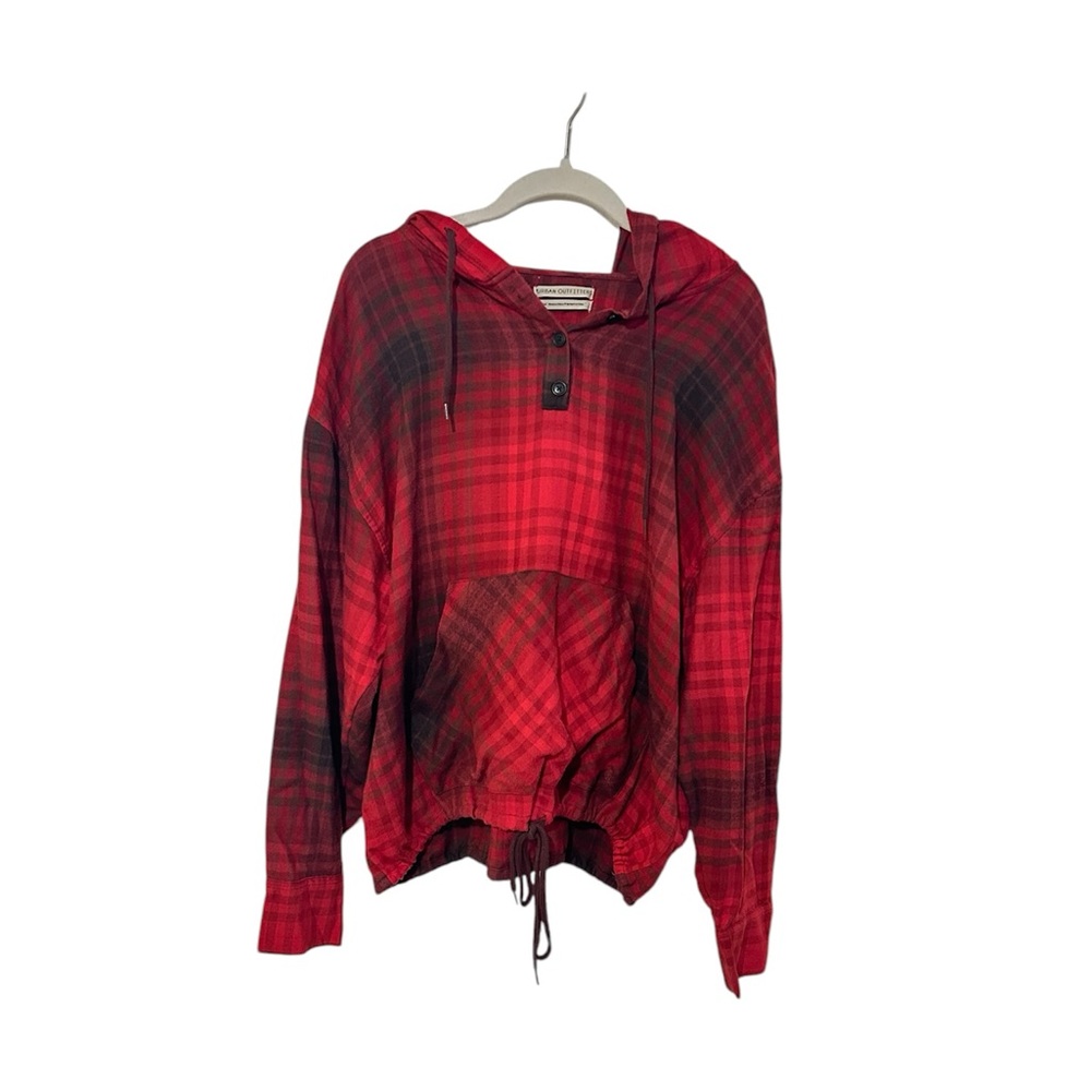 UO Alex Popover Check Flannel Hoodie Red & Black Size Medium
